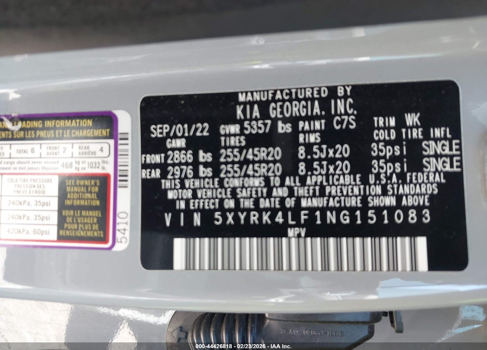 2022 KIA SORENTO SX VIN: 5XYRK4LF1NG151083