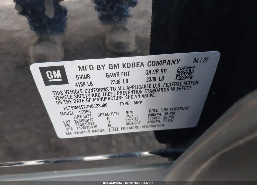 2022 CHEVROLET TRAILBLAZER FWD LS VIN: KL79MMS23NB128596