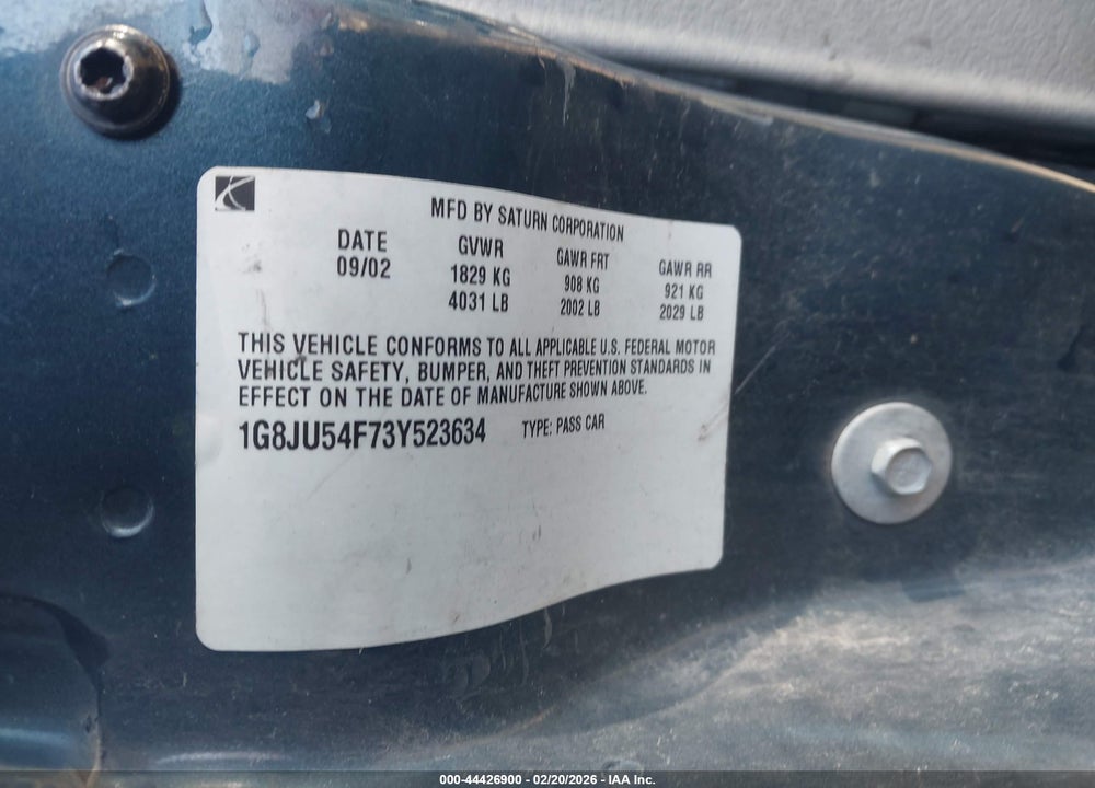 2003 SATURN L-SERIES L200 VIN: 1G8JU54F73Y523634
