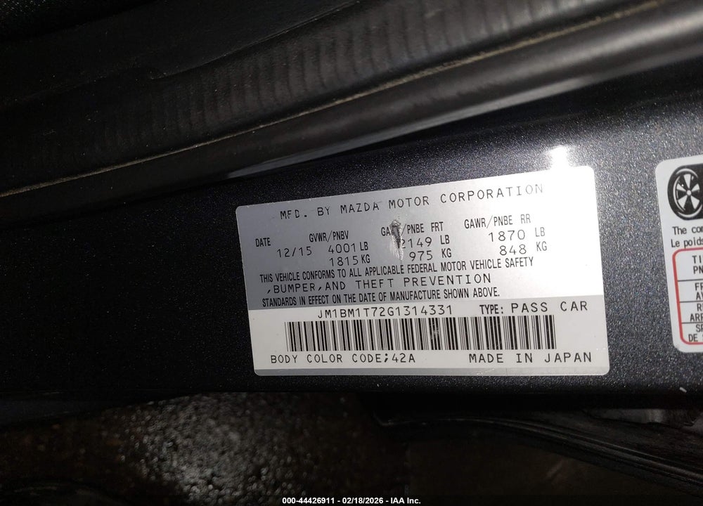 2016 MAZDA 3 I SPORT VIN: JM1BM1T72G1314331