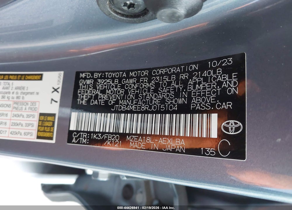 2024 TOYOTA COROLLA LE VIN: JTDB4MEE8RJ015104