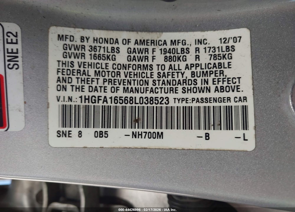 2008 HONDA CIVIC LX VIN: 1HGFA16568L038523