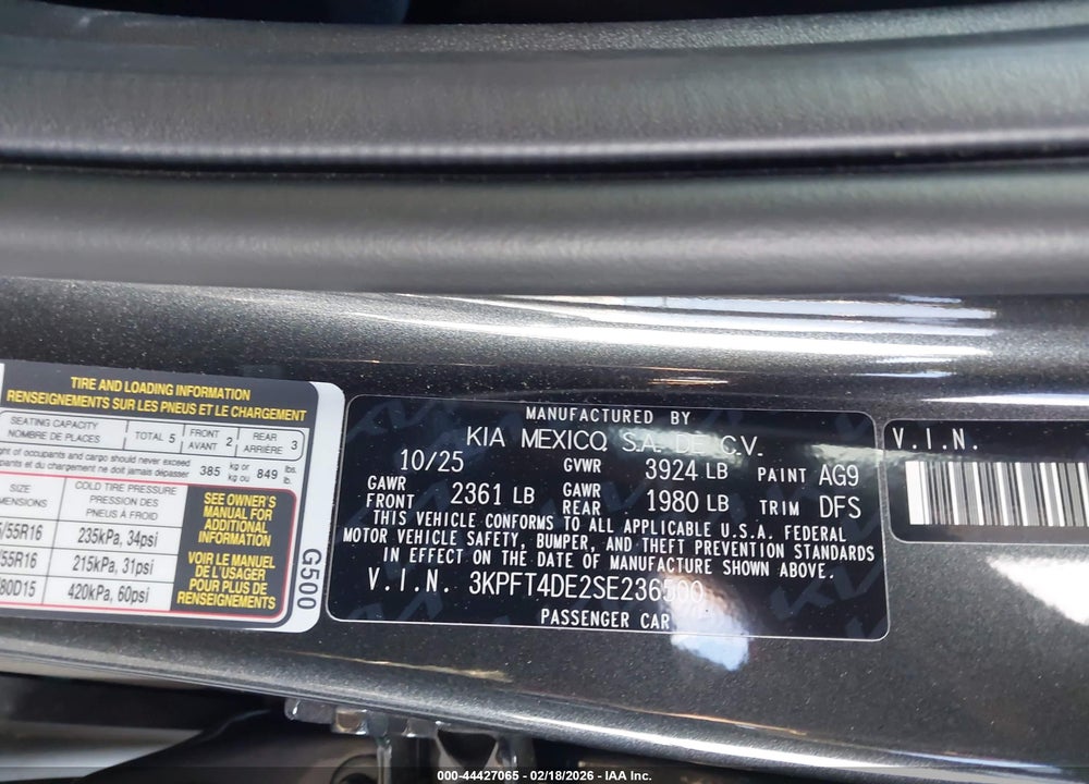 2025 KIA K4 LXS VIN: 3KPFT4DE2SE236500
