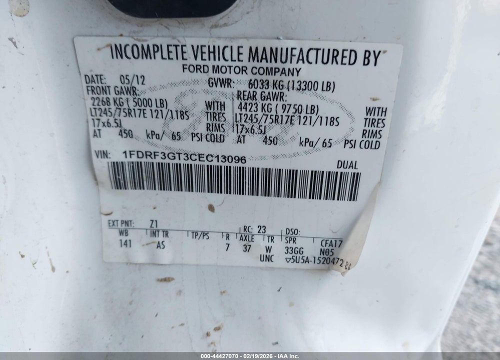 2012 FORD F-350 CHASSIS XL VIN: 1FDRF3GT3CEC13096