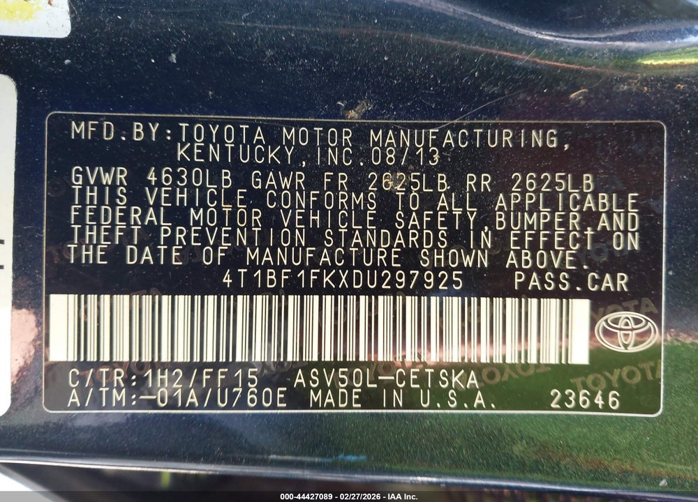2013 TOYOTA CAMRY SE VIN: 4T1BF1FKXDU297925