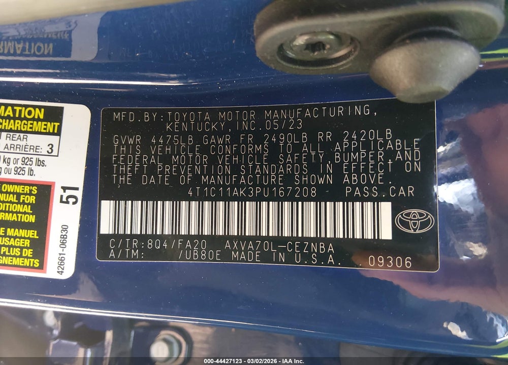 2023 TOYOTA CAMRY LE VIN: 4T1C11AK3PU167208