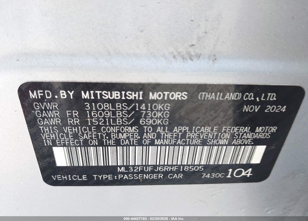 2024 MITSUBISHI MIRAGE G4 BLACK EDITION/ES/LE VIN: ML32FUFJ6RHF18505