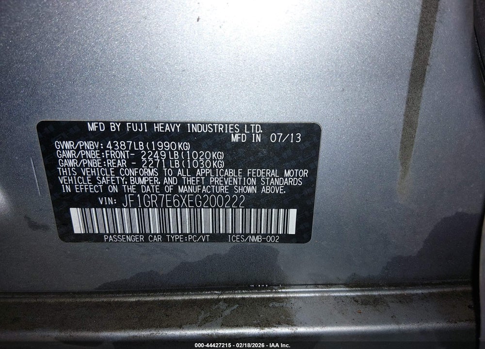 2014 SUBARU IMPREZA WRX VIN: JF1GR7E6XEG200222