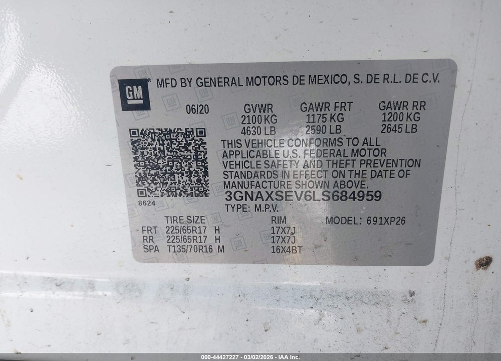 2020 CHEVROLET EQUINOX AWD LS VIN: 3GNAXSEV6LS684959