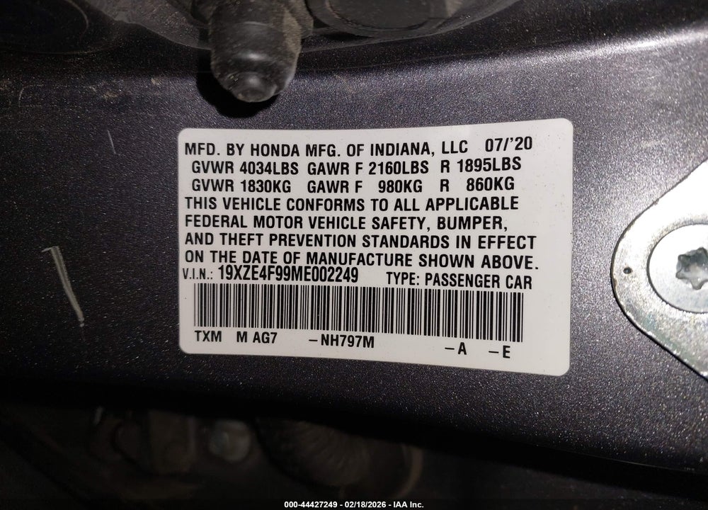 2021 HONDA INSIGHT TOURING VIN: 19XZE4F99ME002249