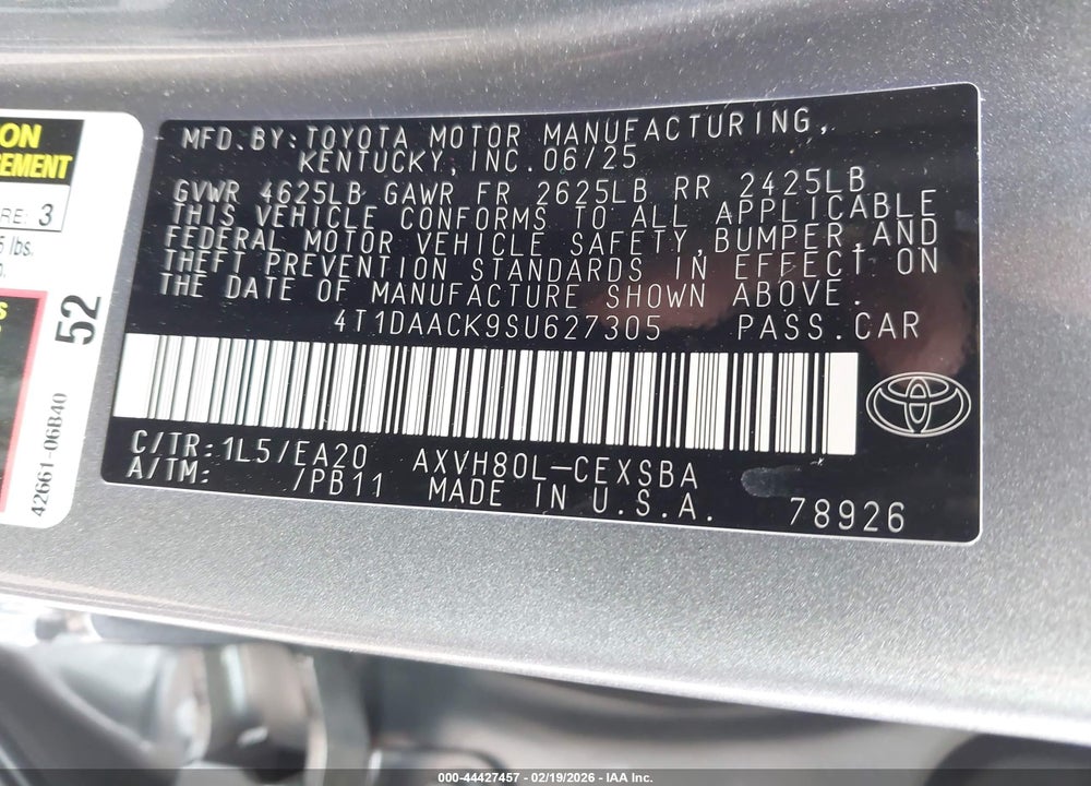 2025 TOYOTA CAMRY SE VIN: 4T1DAACK9SU627305