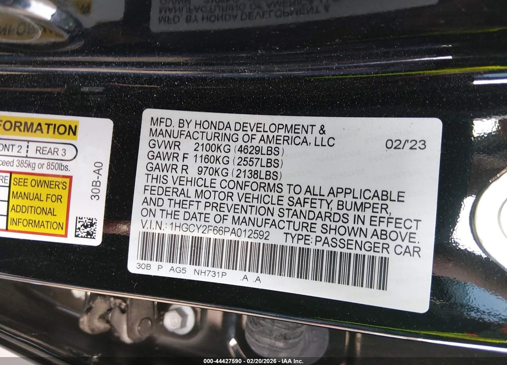 2023 HONDA ACCORD HYBRID EX-L VIN: 1HGCY2F66PA012592