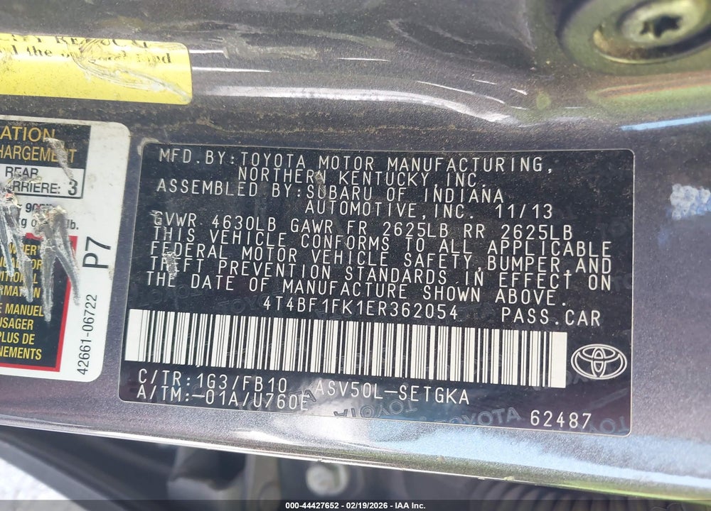 2014 TOYOTA CAMRY XLE VIN: 4T4BF1FK1ER362054