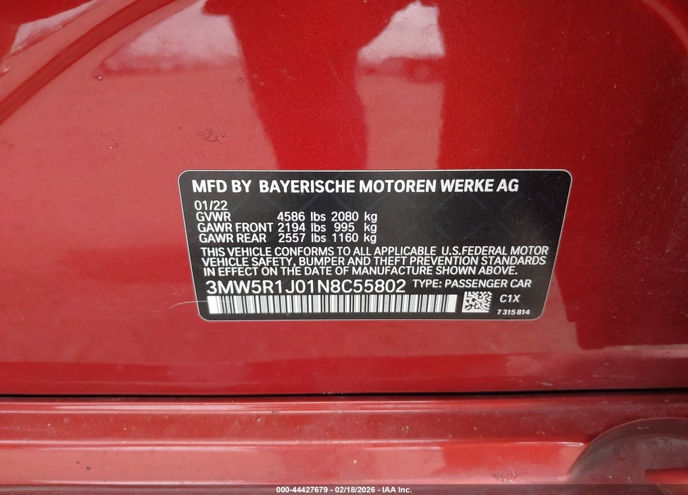 2022 BMW 330I VIN: 3MW5R1J01N8C55802