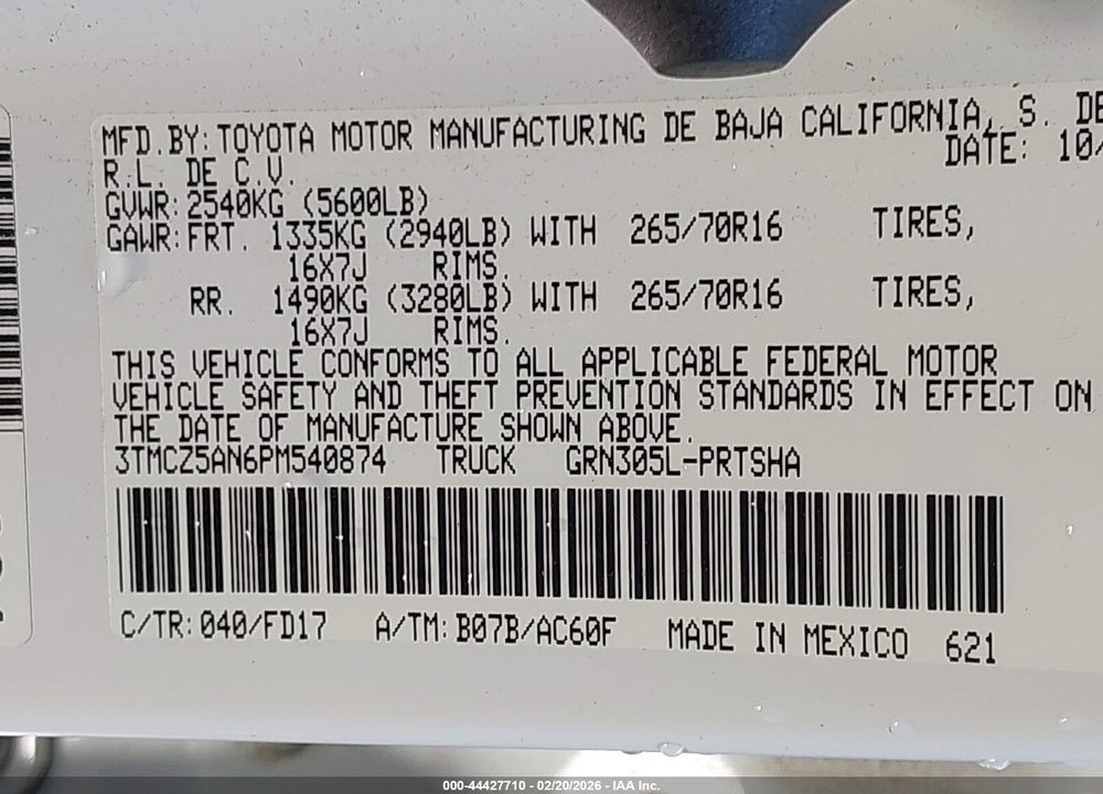 2023 TOYOTA TACOMA TRD OFF ROAD VIN: 3TMCZ5AN6PM540874