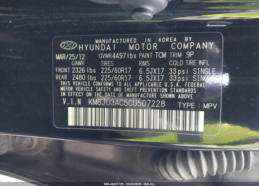 2012 HYUNDAI TUCSON GLS VIN: KM8JU3AC5CU507228