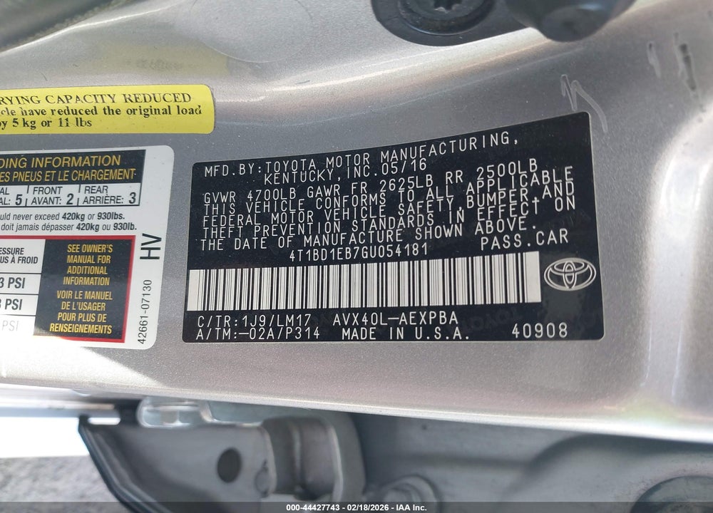 2016 TOYOTA AVALON HYBRID LIMITED VIN: 4T1BD1EB7GU054181