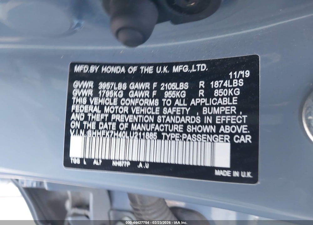 2020 HONDA CIVIC SPORT VIN: SHHFK7H40LU211885