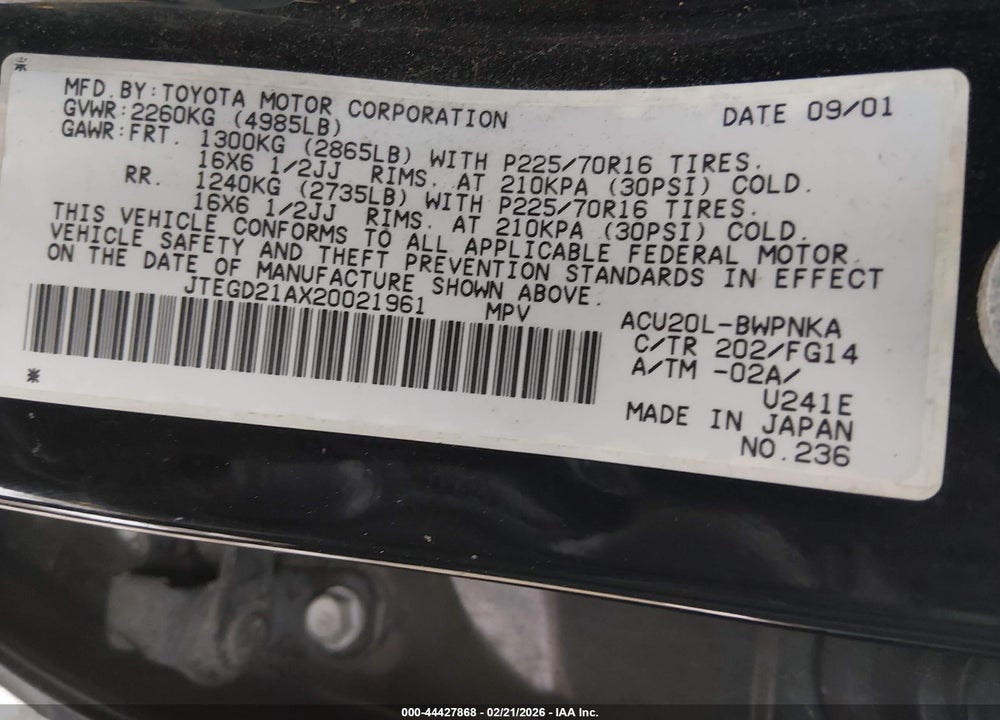 2002 TOYOTA HIGHLANDER VIN: JTEGD21AX20021961