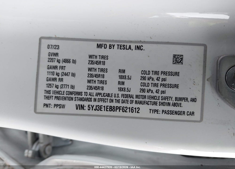 2023 TESLA MODEL 3 LONG RANGE DUAL MOTOR ALL-WHEEL DRIVE VIN: 5YJ3E1EB8PF621612