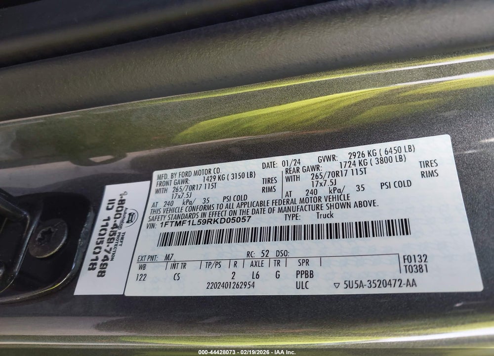 2024 FORD F-150 XL VIN: 1FTMF1L59RKD05057