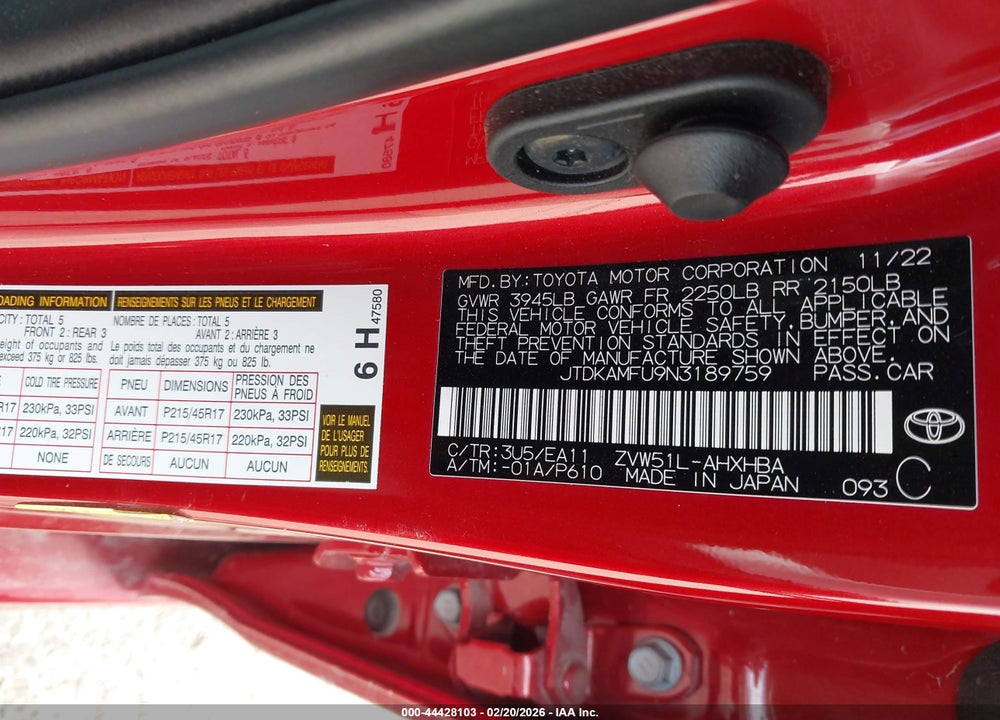 2022 TOYOTA PRIUS LIMITED VIN: JTDKAMFU9N3189759