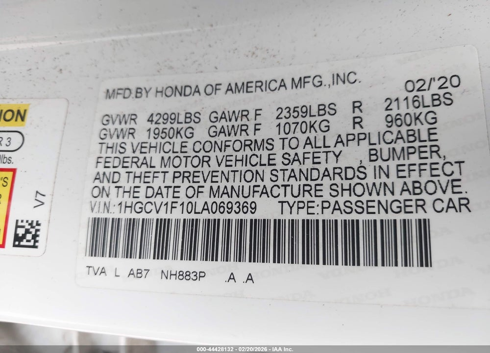 2020 HONDA ACCORD LX VIN: 1HGCV1F10LA069369