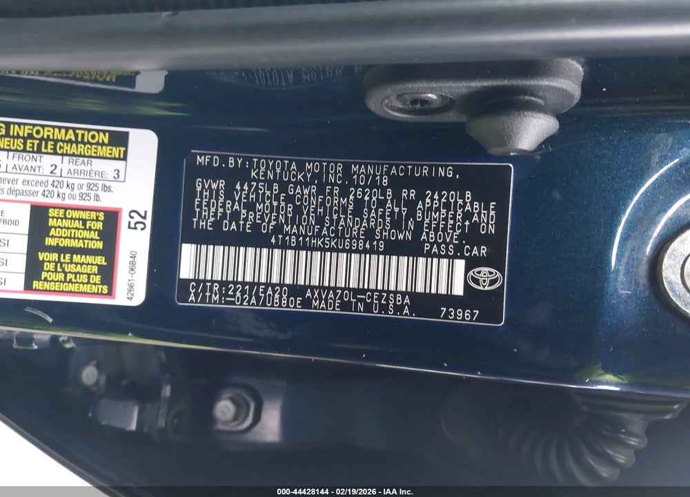 2019 TOYOTA CAMRY SE VIN: 4T1B11HK5KU698419