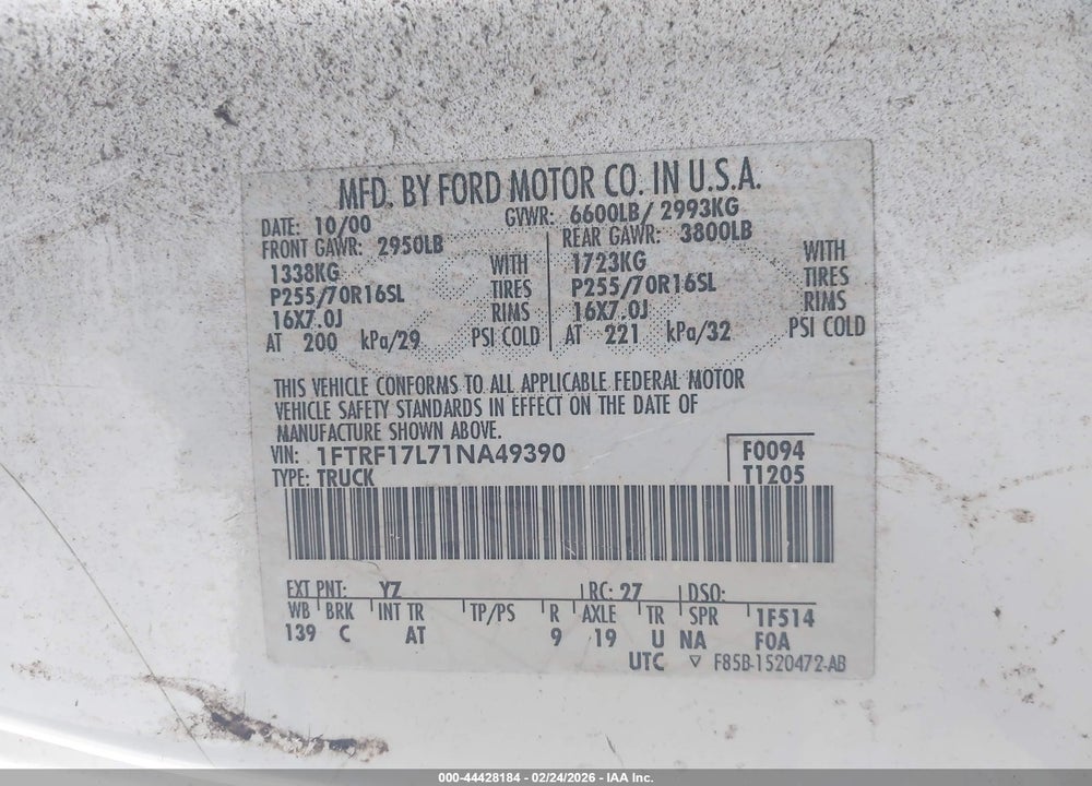 2001 FORD F-150 XL/XLT VIN: 1FTRF17L71NA49390