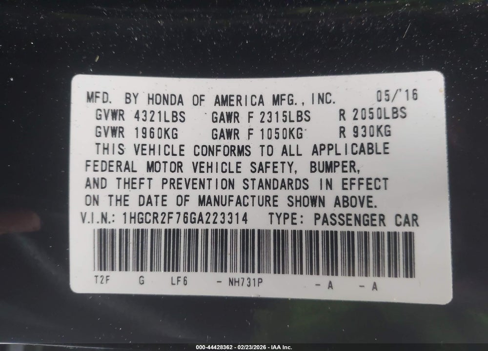 2016 HONDA ACCORD EX VIN: 1HGCR2F76GA223314