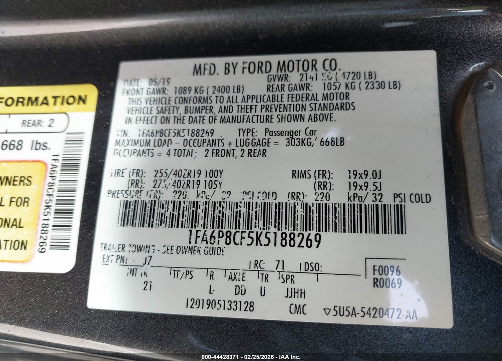 2019 FORD MUSTANG GT VIN: 1FA6P8CF5K5188269