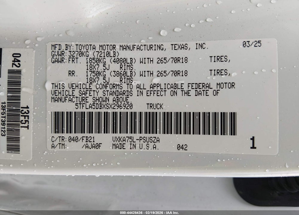 2025 TOYOTA TUNDRA SR5 VIN: 5TFLA5DBXSX296920
