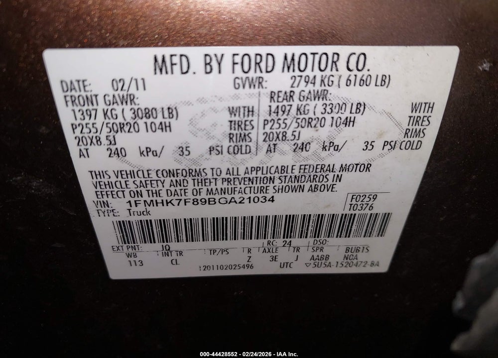 2011 FORD EXPLORER LIMITED VIN: 1FMHK7F89BGA21034