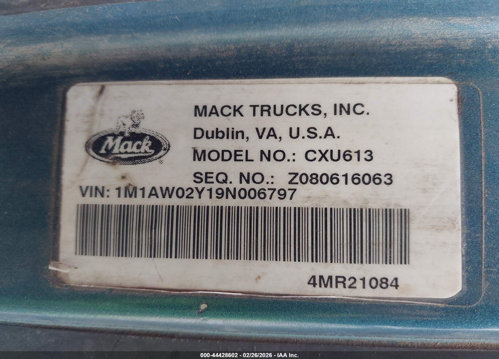 2009 MACK 600 CXU600 VIN: 1M1AW02Y19N006797