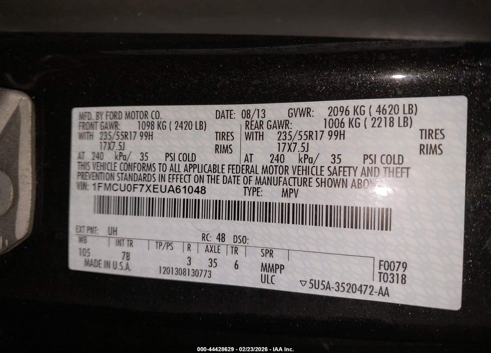 2014 FORD ESCAPE S VIN: 1FMCU0F7XEUA61048