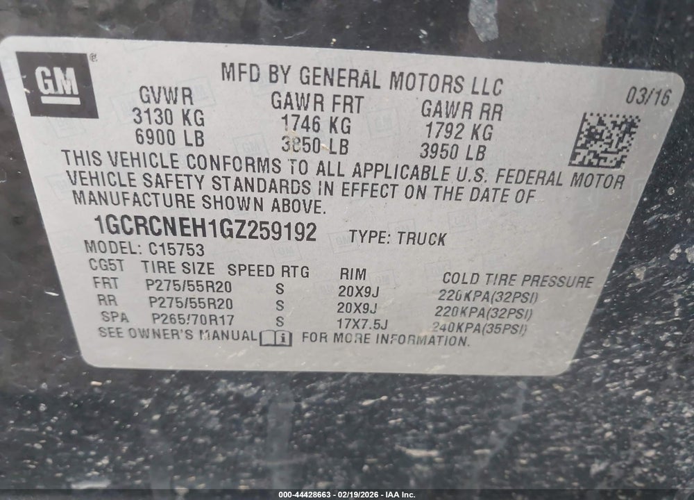 2016 CHEVROLET SILVERADO 1500 WT VIN: 1GCRCNEH1GZ259192
