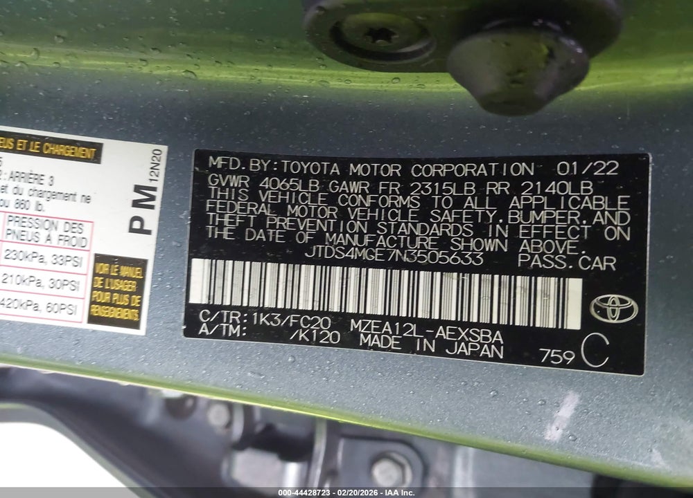 2022 TOYOTA COROLLA SE VIN: JTDS4MCE7N3505633