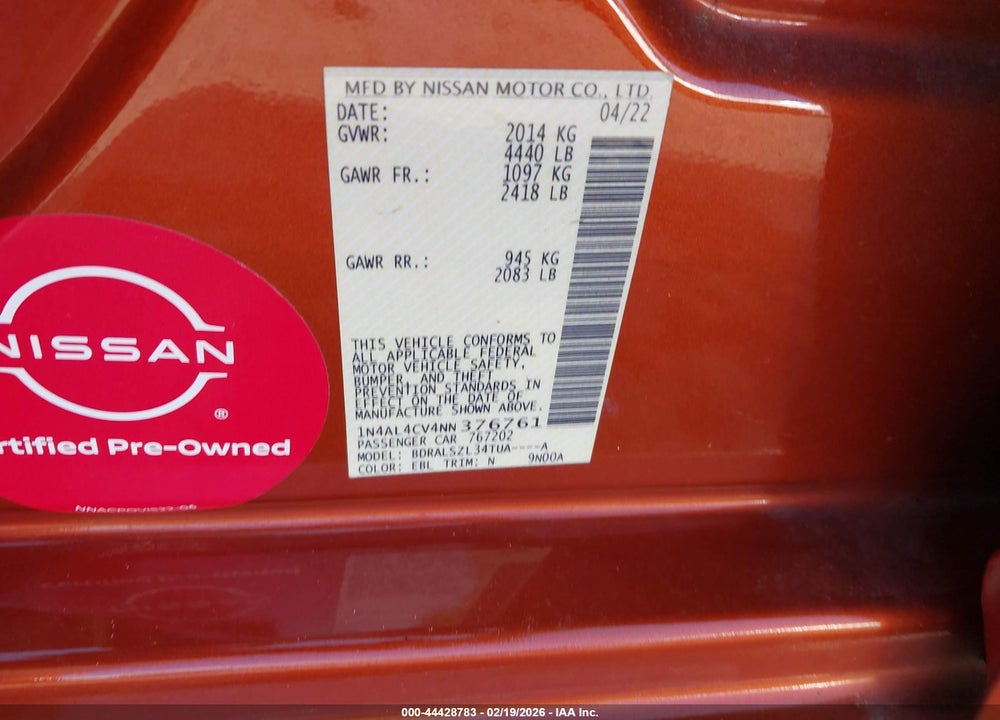 2022 NISSAN ALTIMA SR VC-TURBO FWD VIN: 1N4AL4CV4NN376761