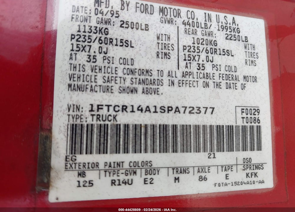 1995 FORD RANGER SUPER CAB VIN: 1FTCR14A1SPA72377