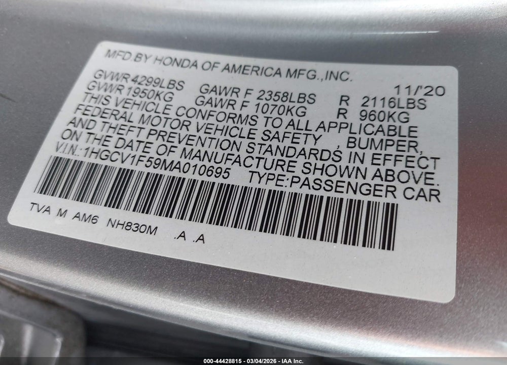 2021 HONDA ACCORD EX-L VIN: 1HGCV1F59MA010695