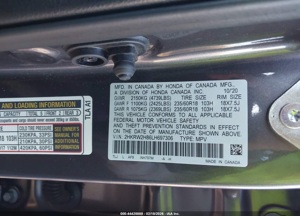 2020 HONDA CR-V AWD EX-L VIN: 2HKRW2H86LH697306