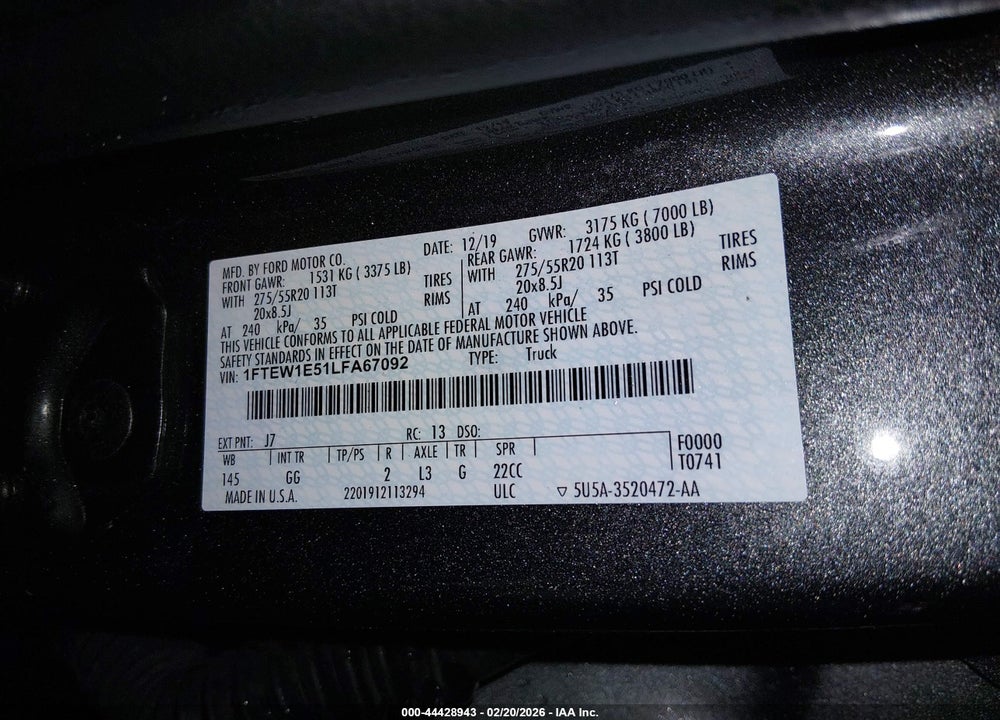 2020 FORD F-150 XL VIN: 1FTEW1E51LFA67092