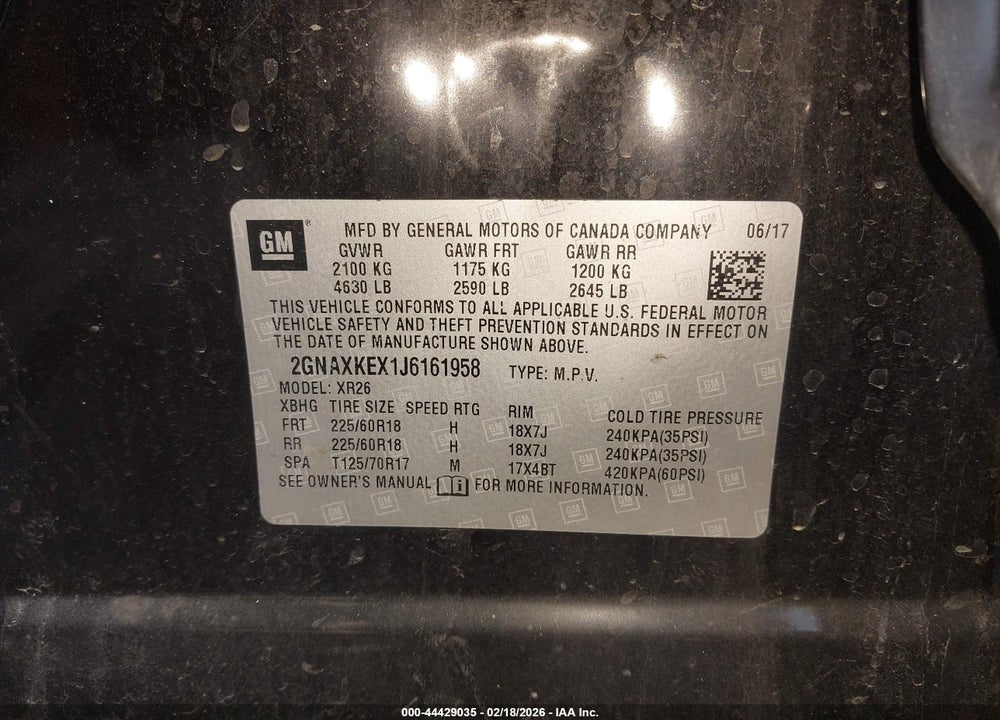 2018 CHEVROLET EQUINOX LT VIN: 2GNAXKEX1J6161958