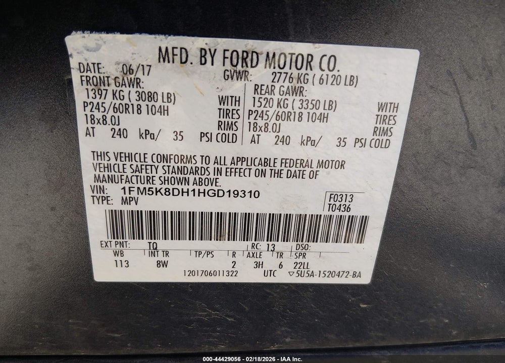 2017 FORD EXPLORER XLT VIN: 1FM5K8DH1HGD19310