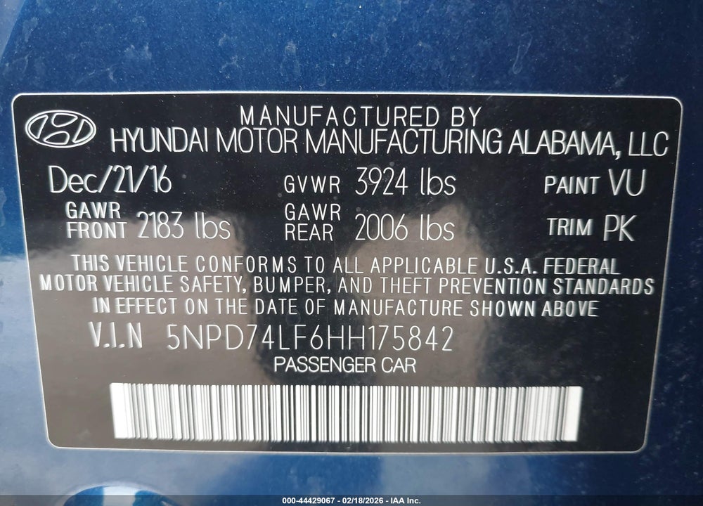 2017 HYUNDAI ELANTRA SE VIN: 5NPD74LF6HH175842