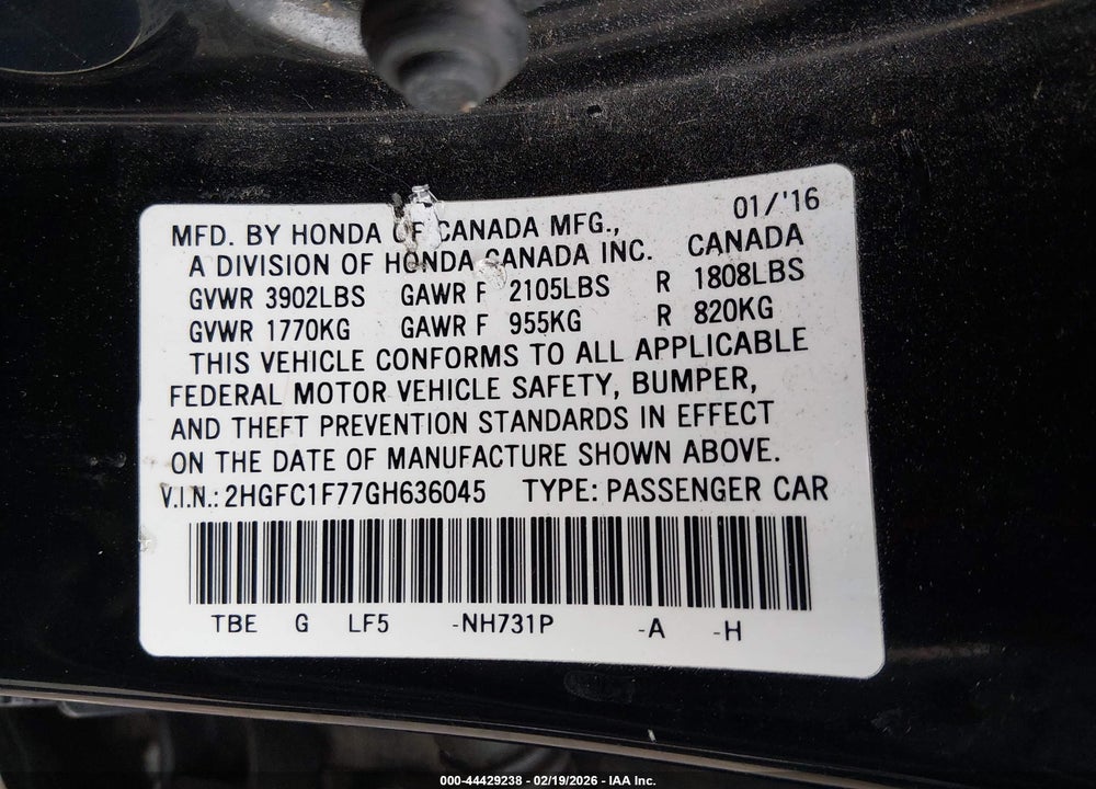 2016 HONDA CIVIC EX-L VIN: 2HGFC1F77GH636045