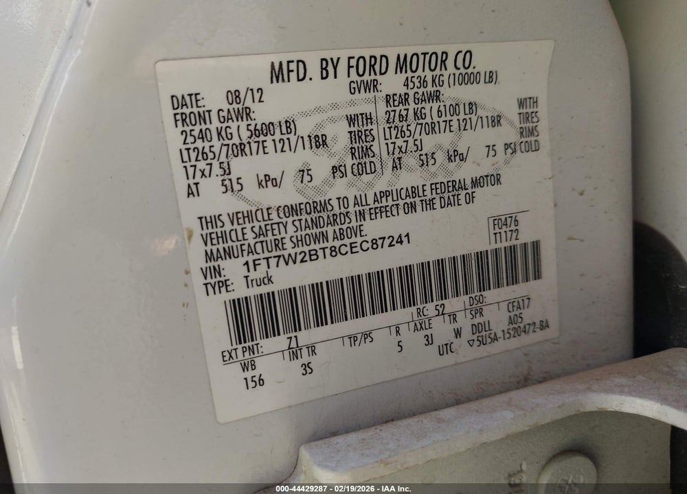 2012 FORD F-250 XLT VIN: 1FT7W2BT8CEC87241