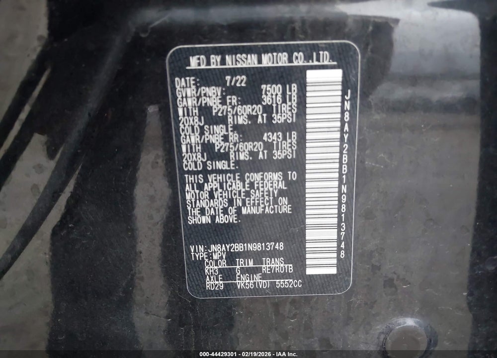 2022 NISSAN ARMADA SL 4WD VIN: JN8AY2BB1N9813748