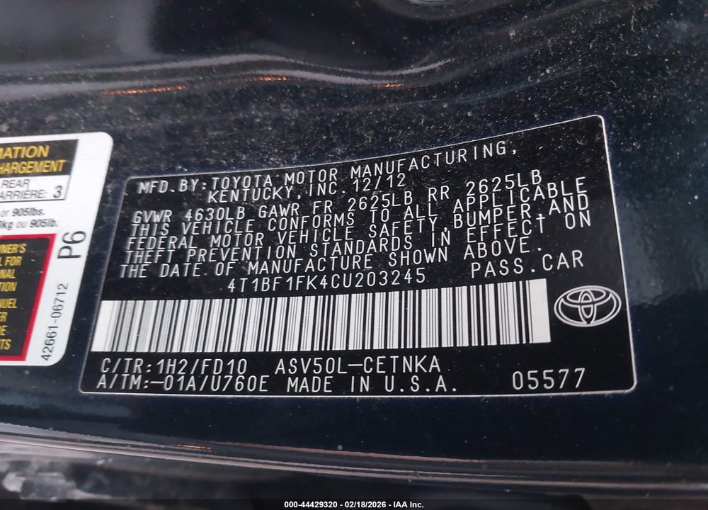 2012 TOYOTA CAMRY LE VIN: 4T1BF1FK4CU203245