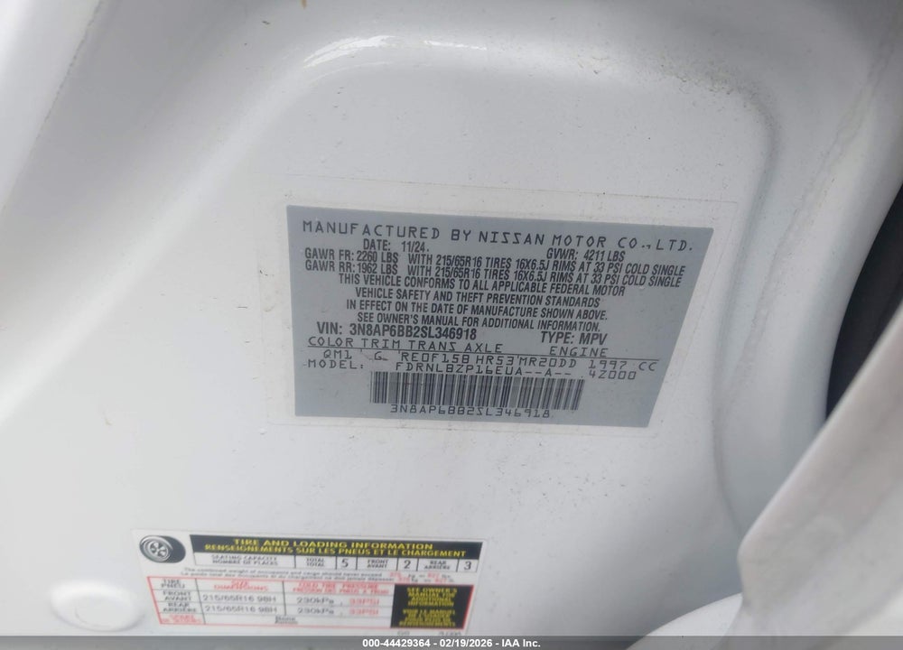 2025 NISSAN KICKS S INTELLIGENT AWD VIN: 3N8AP6BB2SL346918